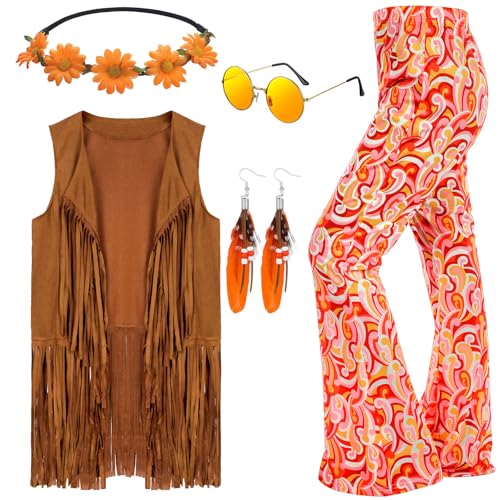 Leumoi 5 Pcs 60s 70s Costume for Women Disco Outfits Hippie Accessories Fringe Vest Boho Flared Pants Set for Halloween(X-Large,Bright)