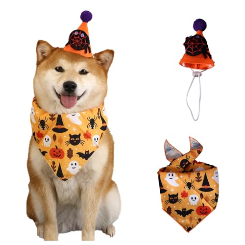 Feierxun Halloween Dog Bandana and Hat Costume Set, Cute Dog Bib Scarf and Spider Hat, Boys and Girls Dog Halloween Bandana for Small Medium Large Dog Halloween Puppy Clothes Dress Up Set Party Decor