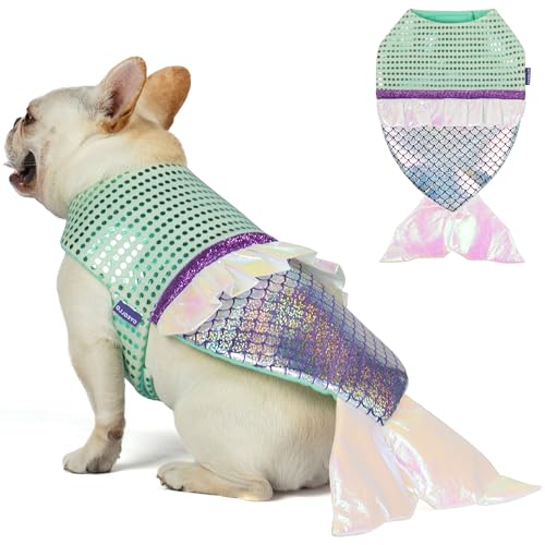cyeollo Dog Mermaid Costume for Small Dogs Funny Dog Halloween Outfit Holiday Birthday Party Cosplay Dog Clothes Sparkly Pet Costumes, Size M