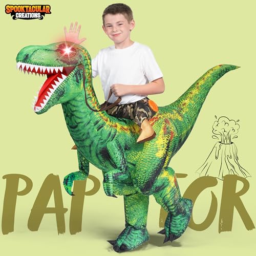 Spooktacular Creations Kids Inflatable Dinosaur Costume, LED Eyes Halloween Costume Riding on Blow Up Dragon T-rex Costume for Halloween Dress Up Parties, Green,S