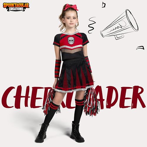 Spooktacular Creations Halloween Cheerleader Costume Girls, Bad Spirit Costume for Kids, Skull Scary Cheerleader Outfit with Accessories for Girls Halloween Parties Role Play, Red Black, M