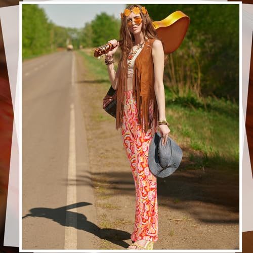 Leumoi 5 Pcs 60s 70s Costume for Women Disco Outfits Hippie Accessories Fringe Vest Boho Flared Pants Set for Halloween(X-Large,Bright)
