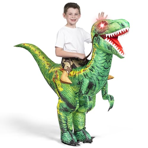 Spooktacular Creations Kids Inflatable Dinosaur Costume, LED Eyes Halloween Costume Riding on Blow Up Dragon T-rex Costume for Halloween Dress Up Parties, Green,S