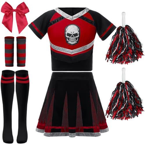 Spooktacular Creations Halloween Cheerleader Costume Girls, Bad Spirit Costume for Kids, Skull Scary Cheerleader Outfit with Accessories for Girls Halloween Parties Role Play, Red Black, M
