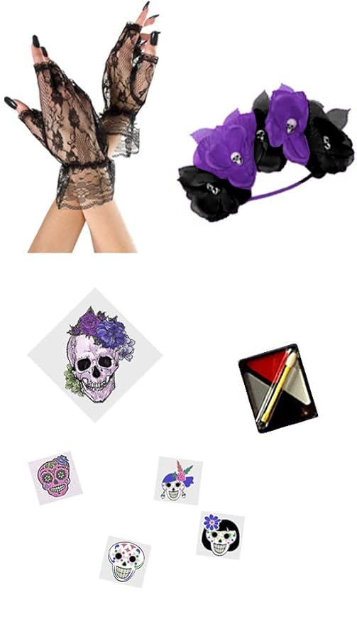 Sanctuarie Designs Plus Size Purple Day of the Dead Costume Short Dress & Basic Kit 1x
