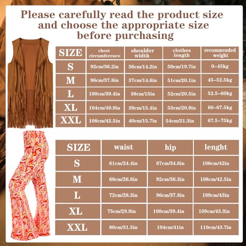 Leumoi 5 Pcs 60s 70s Costume for Women Disco Outfits Hippie Accessories Fringe Vest Boho Flared Pants Set for Halloween(X-Large,Bright)