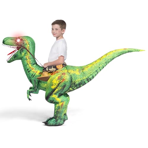 Spooktacular Creations Kids Inflatable Dinosaur Costume, LED Eyes Halloween Costume Riding on Blow Up Dragon T-rex Costume for Halloween Dress Up Parties, Green,S