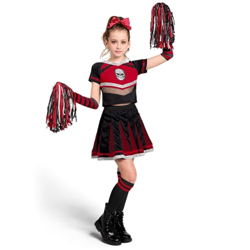 Spooktacular Creations Halloween Cheerleader Costume Girls, Bad Spirit Costume for Kids, Skull Scary Cheerleader Outfit with Accessories for Girls Halloween Parties Role Play, Red Black, M