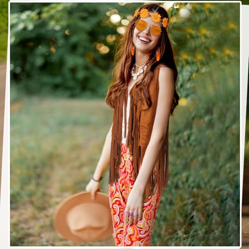 Leumoi 5 Pcs 60s 70s Costume for Women Disco Outfits Hippie Accessories Fringe Vest Boho Flared Pants Set for Halloween(X-Large,Bright)