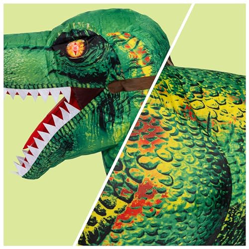 Spooktacular Creations Kids Inflatable Dinosaur Costume, LED Eyes Halloween Costume Riding on Blow Up Dragon T-rex Costume for Halloween Dress Up Parties, Green,S