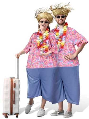 Toulite 6 Pcs Adult Tacky Tourist Costume Tacky Traveler Costume Couples Costumes Straw Hat Hawaiian Hula Garland Halloween (Stylish)
