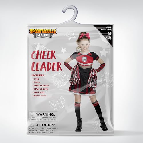 Spooktacular Creations Halloween Cheerleader Costume Girls, Bad Spirit Costume for Kids, Skull Scary Cheerleader Outfit with Accessories for Girls Halloween Parties Role Play, Red Black, M