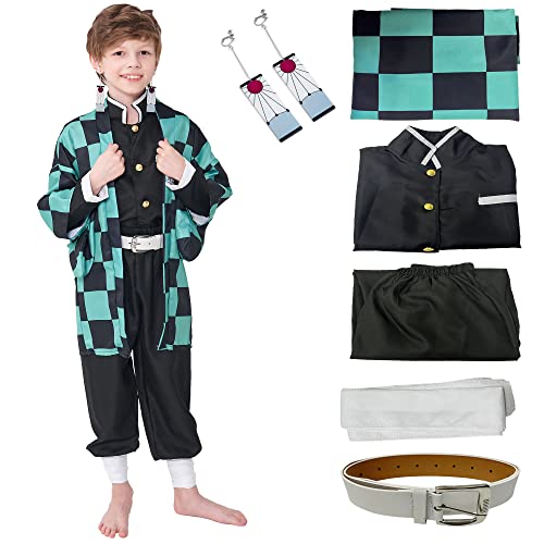 JIZAZIHU Kids Kimono Costume Cosplay Outfits Set Cloak Halloween Uniform Jackets Cape Costume for kids Adult (Green Set, Tag 110)