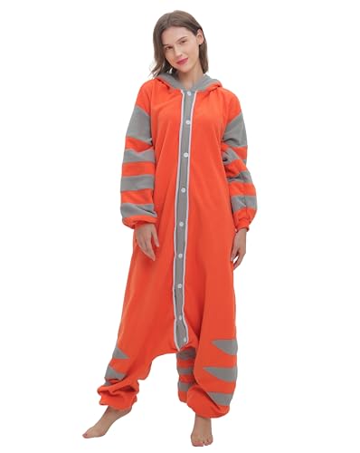 SimZoo Adult Animal Onesie Pajamas, Men and Women's Oange Raccoon Animal Cosplay Costume Sleepwear, One-Piece Unisex Homewear Small