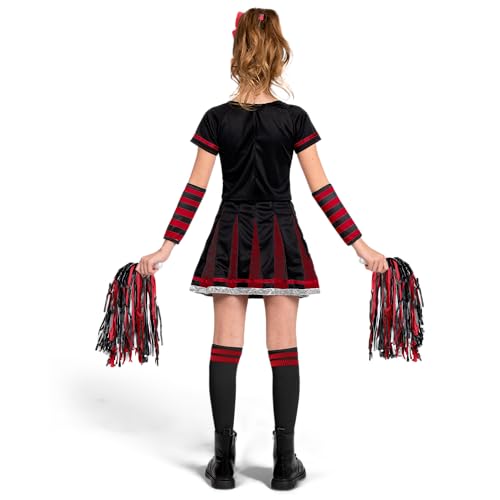 Spooktacular Creations Halloween Cheerleader Costume Girls, Bad Spirit Costume for Kids, Skull Scary Cheerleader Outfit with Accessories for Girls Halloween Parties Role Play, Red Black, M