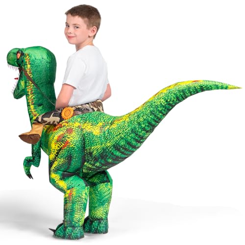 Spooktacular Creations Kids Inflatable Dinosaur Costume, LED Eyes Halloween Costume Riding on Blow Up Dragon T-rex Costume for Halloween Dress Up Parties, Green,S