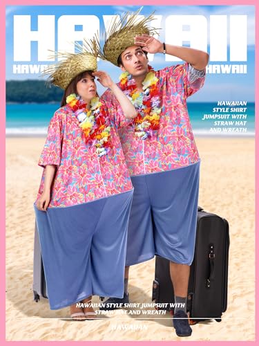 Toulite 6 Pcs Adult Tacky Tourist Costume Tacky Traveler Costume Couples Costumes Straw Hat Hawaiian Hula Garland Halloween (Stylish)