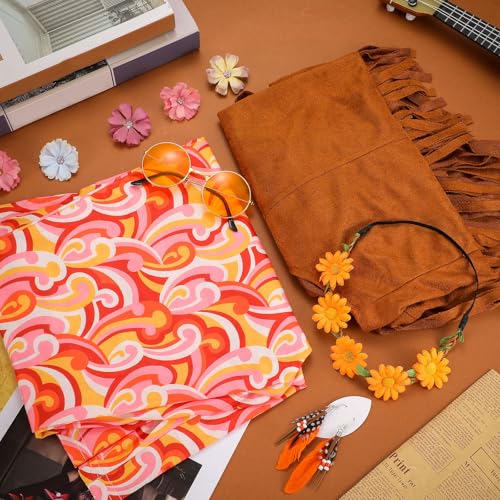 Leumoi 5 Pcs 60s 70s Costume for Women Disco Outfits Hippie Accessories Fringe Vest Boho Flared Pants Set for Halloween(X-Large,Bright)