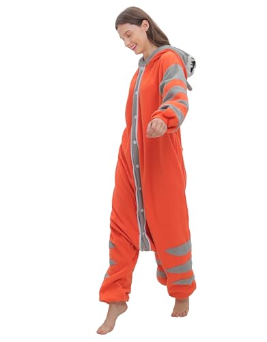 SimZoo Adult Animal Onesie Pajamas, Men and Women's Oange Raccoon Animal Cosplay Costume Sleepwear, One-Piece Unisex Homewear Small
