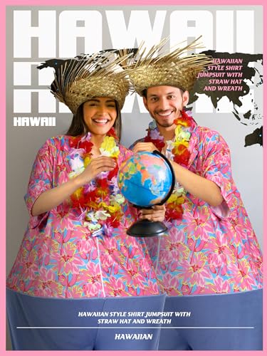 Toulite 6 Pcs Adult Tacky Tourist Costume Tacky Traveler Costume Couples Costumes Straw Hat Hawaiian Hula Garland Halloween (Stylish)