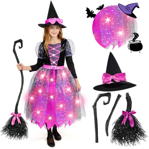 Spooktacular Creations Witch Costume Kids, Light Up Halloween Costumes Witch Dress with Hat and Broom for Girls, Sweet Wizard Set for Toddler Scayr Halloween Themed Parties, Pink, S