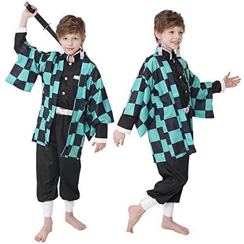 JIZAZIHU Kids Kimono Costume Cosplay Outfits Set Cloak Halloween Uniform Jackets Cape Costume for kids Adult (Green Set, Tag 110)