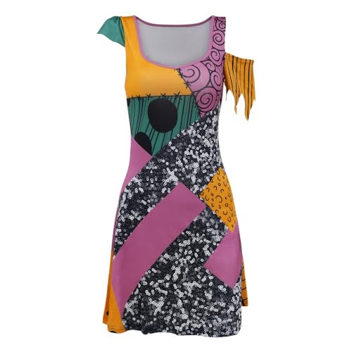 Bemeiren Women Halloween Print Dress Short Sleeve Christmas Adult Sally Cosplay Costume Outfit