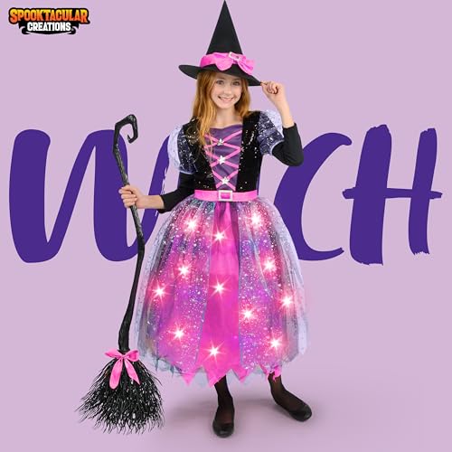 Spooktacular Creations Witch Costume Kids, Light Up Halloween Costumes Witch Dress with Hat and Broom for Girls, Sweet Wizard Set for Toddler Scayr Halloween Themed Parties, Pink, S