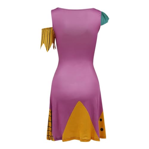 Bemeiren Women Halloween Print Dress Short Sleeve Christmas Adult Sally Cosplay Costume Outfit