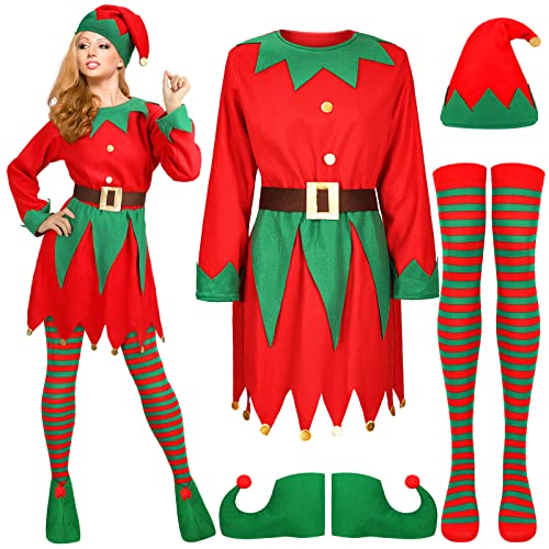Newcotte Christmas Elf Costume Set Kids Adult Elf Costume Suit Elf Hat Santa Dress Stocking Shoe Belt Xmas (Classic Color,XXX-Large)