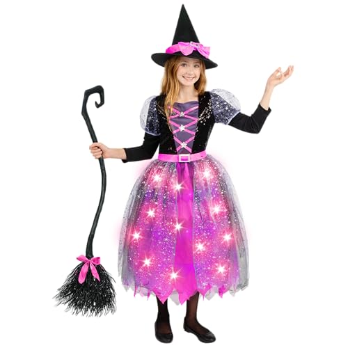 Spooktacular Creations Witch Costume Kids, Light Up Halloween Costumes Witch Dress with Hat and Broom for Girls, Sweet Wizard Set for Toddler Scayr Halloween Themed Parties, Pink, S