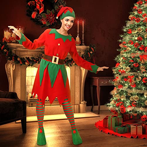 Newcotte Christmas Elf Costume Set Kids Adult Elf Costume Suit Elf Hat Santa Dress Stocking Shoe Belt Xmas (Classic Color,XXX-Large)