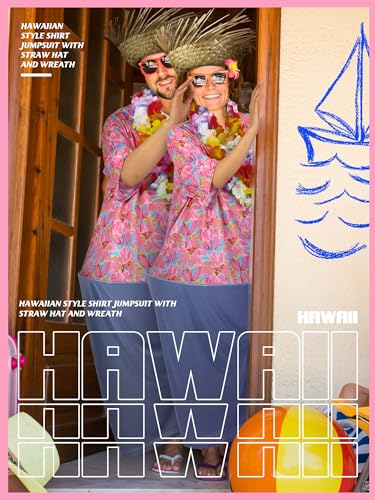 Toulite 6 Pcs Adult Tacky Tourist Costume Tacky Traveler Costume Couples Costumes Straw Hat Hawaiian Hula Garland Halloween (Stylish)