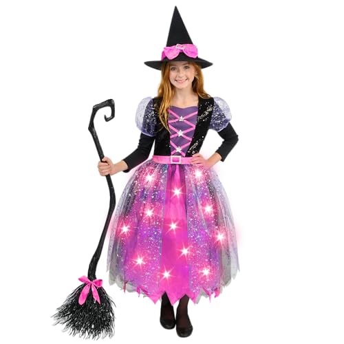 Spooktacular Creations Witch Costume Kids, Light Up Halloween Costumes Witch Dress with Hat and Broom for Girls, Sweet Wizard Set for Toddler Scayr Halloween Themed Parties, Pink, S
