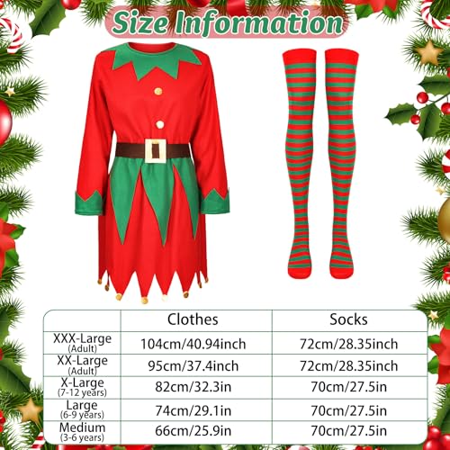 Newcotte Christmas Elf Costume Set Kids Adult Elf Costume Suit Elf Hat Santa Dress Stocking Shoe Belt Xmas (Classic Color,XXX-Large)