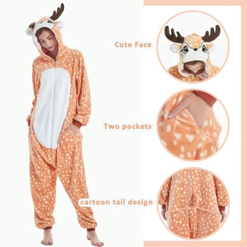 Unisex Adult Cosplay Animal Onesie Halloween Costume Christmas One Piece Pajamas Sleepwear for Women Men (US, Alpha, Medium, Regular, Regular, Deer)