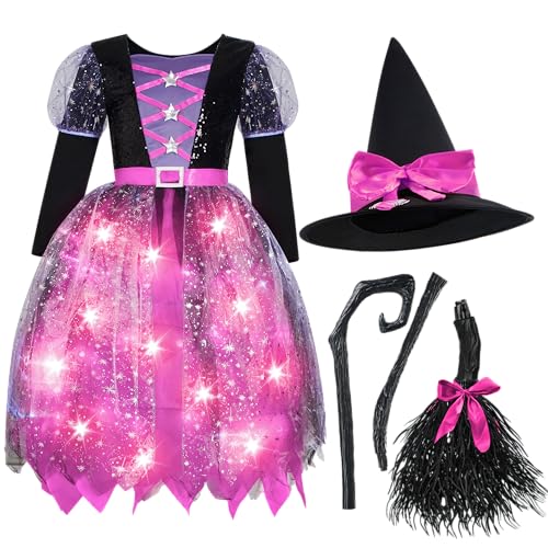 Spooktacular Creations Witch Costume Kids, Light Up Halloween Costumes Witch Dress with Hat and Broom for Girls, Sweet Wizard Set for Toddler Scayr Halloween Themed Parties, Pink, S
