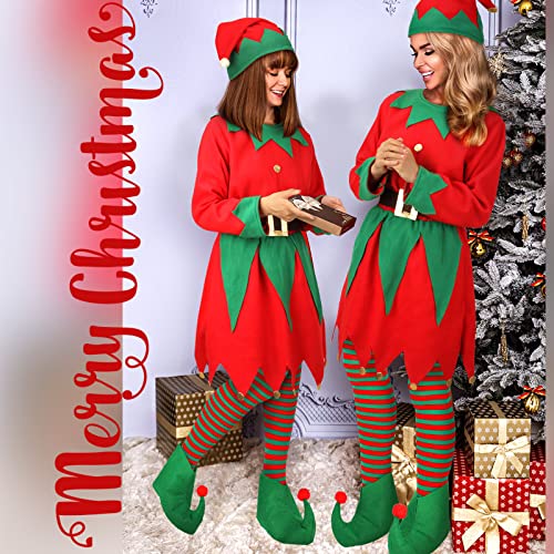 Newcotte Christmas Elf Costume Set Kids Adult Elf Costume Suit Elf Hat Santa Dress Stocking Shoe Belt Xmas (Classic Color,XXX-Large)