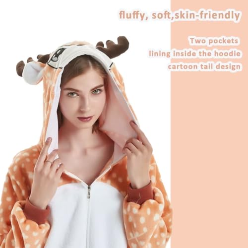 Unisex Adult Cosplay Animal Onesie Halloween Costume Christmas One Piece Pajamas Sleepwear for Women Men (US, Alpha, Medium, Regular, Regular, Deer)