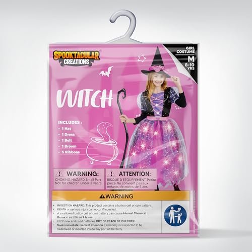 Spooktacular Creations Witch Costume Kids, Light Up Halloween Costumes Witch Dress with Hat and Broom for Girls, Sweet Wizard Set for Toddler Scayr Halloween Themed Parties, Pink, S