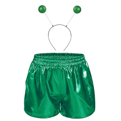 Bskifnn Alien Costume Metallic Shorts with Headband Space Costume Accessories for Boys and Girls for Party,Hallowen,Cosplay (Green, 6-7 Years)