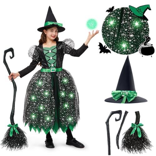 Spooktacular Creations LED Light up Witch Costume for Girls, Green Witch Costume with Hat and Broom, Sweet Witch Costume Fantastical Designs
