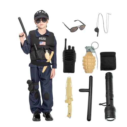 JAZGROM Kids SWAT Police Officer Costume with Vest and Accessories, Boys and Girls Role Play Kit, Halloween Cop Cosplay Dress Up