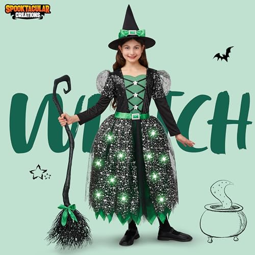 Spooktacular Creations LED Light up Witch Costume for Girls, Green Witch Costume with Hat and Broom, Sweet Witch Costume Fantastical Designs