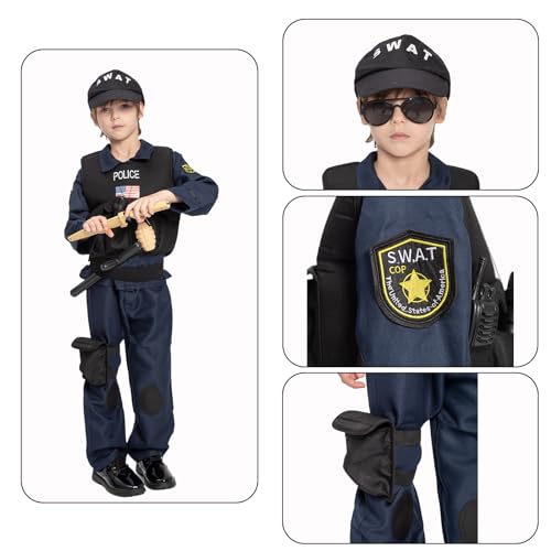 JAZGROM Kids SWAT Police Officer Costume with Vest and Accessories, Boys and Girls Role Play Kit, Halloween Cop Cosplay Dress Up