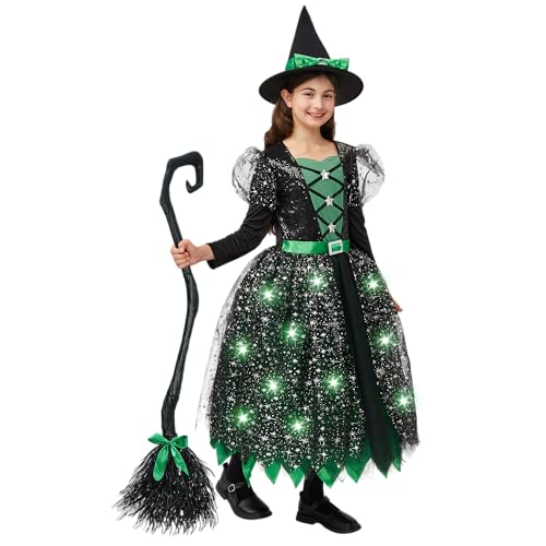 Spooktacular Creations LED Light up Witch Costume for Girls, Green Witch Costume with Hat and Broom, Sweet Witch Costume Fantastical Designs