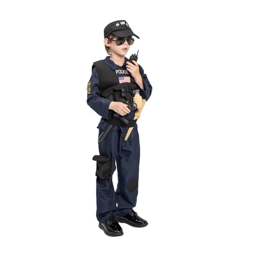 JAZGROM Kids SWAT Police Officer Costume with Vest and Accessories, Boys and Girls Role Play Kit, Halloween Cop Cosplay Dress Up