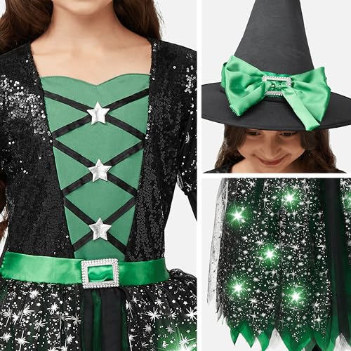 Spooktacular Creations LED Light up Witch Costume for Girls, Green Witch Costume with Hat and Broom, Sweet Witch Costume Fantastical Designs