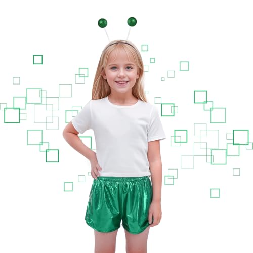 Bskifnn Alien Costume Metallic Shorts with Headband Space Costume Accessories for Boys and Girls for Party,Hallowen,Cosplay (Green, 6-7 Years)