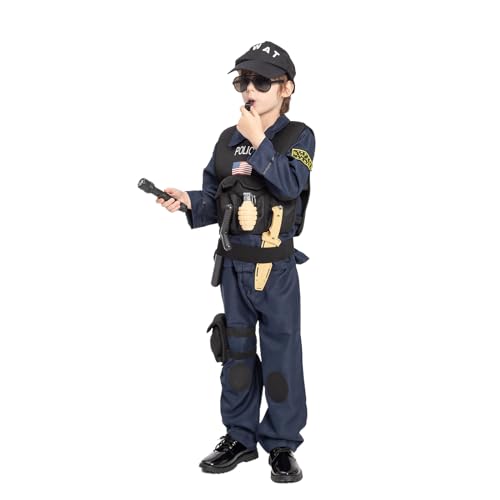 JAZGROM Kids SWAT Police Officer Costume with Vest and Accessories, Boys and Girls Role Play Kit, Halloween Cop Cosplay Dress Up